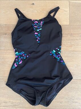 Women’s ' Black One-Piece Swimsuit with Colorful Dot Accents